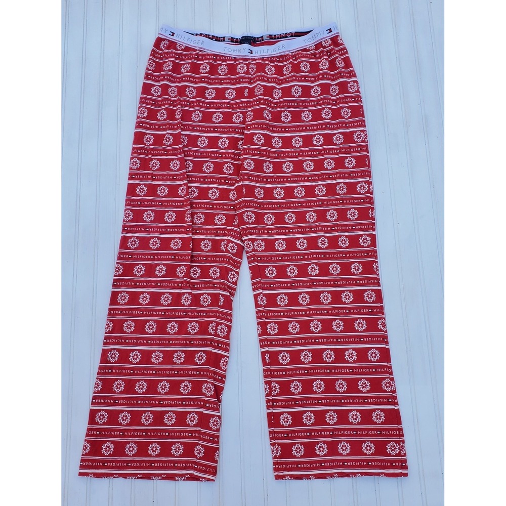 Tommy Hilfiger Womens Pajama Lounge Sleep Pants‎ Large Red Logo White Snowflakes